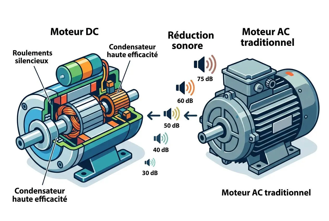 Illustration comparant un moteur DC et un moteur AC: systèmes silencieux et ventilateur/plafond, avec notes d’écrans indicateurs sonores et réduction bruit 30–75 dB sur le côté.