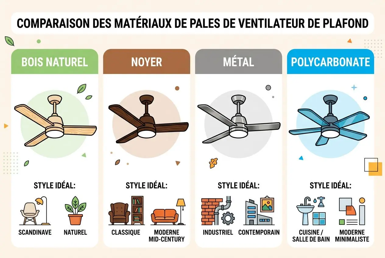 Comparaison des matériaux de pales de ventilateur de plafond: bois naturel, noyer, métal et polycarbonate, avec styles idéaux variés.