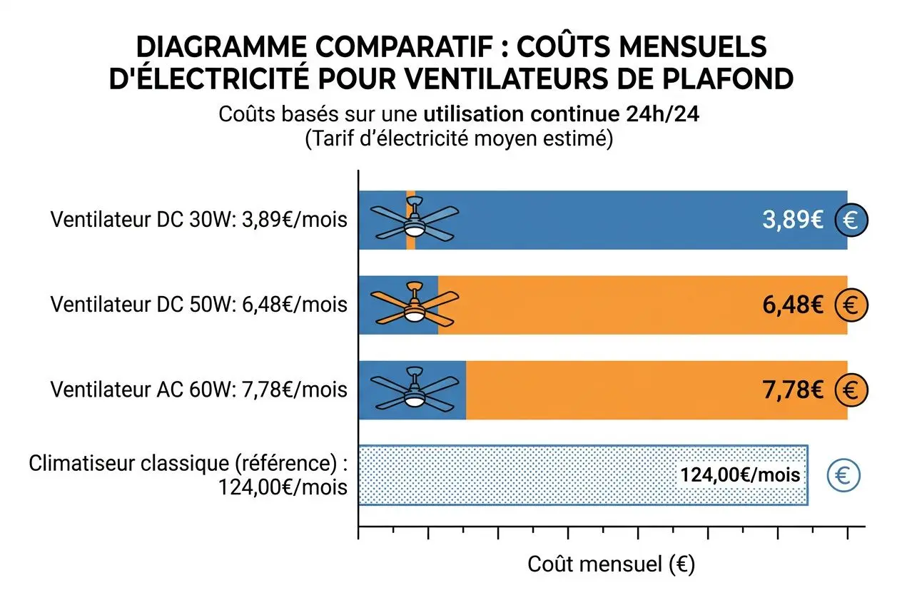 Diagramme comparatif des coûts mensuels d’électricité des ventilateurs de plafond (DC 30W, 50W, AC 60W) et climatisation; chiffres mensuels affichés: 3,89€, 6,48€, 7,78€ vs climatisation 124,00€ mensuels. Ventilateur plafond consommation électrique.