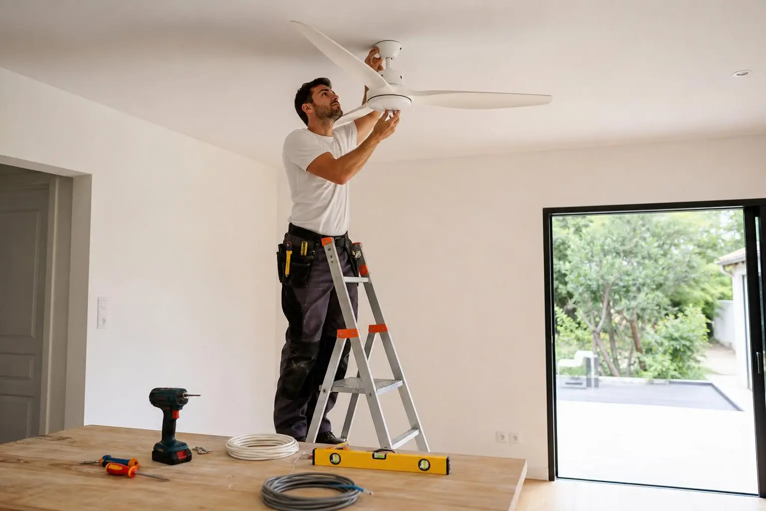 Homme sur une échelle installant un ventilateur de plafond dans une pièce, outils et câble au premier plan. Comment installer un ventilateur de plafond.
