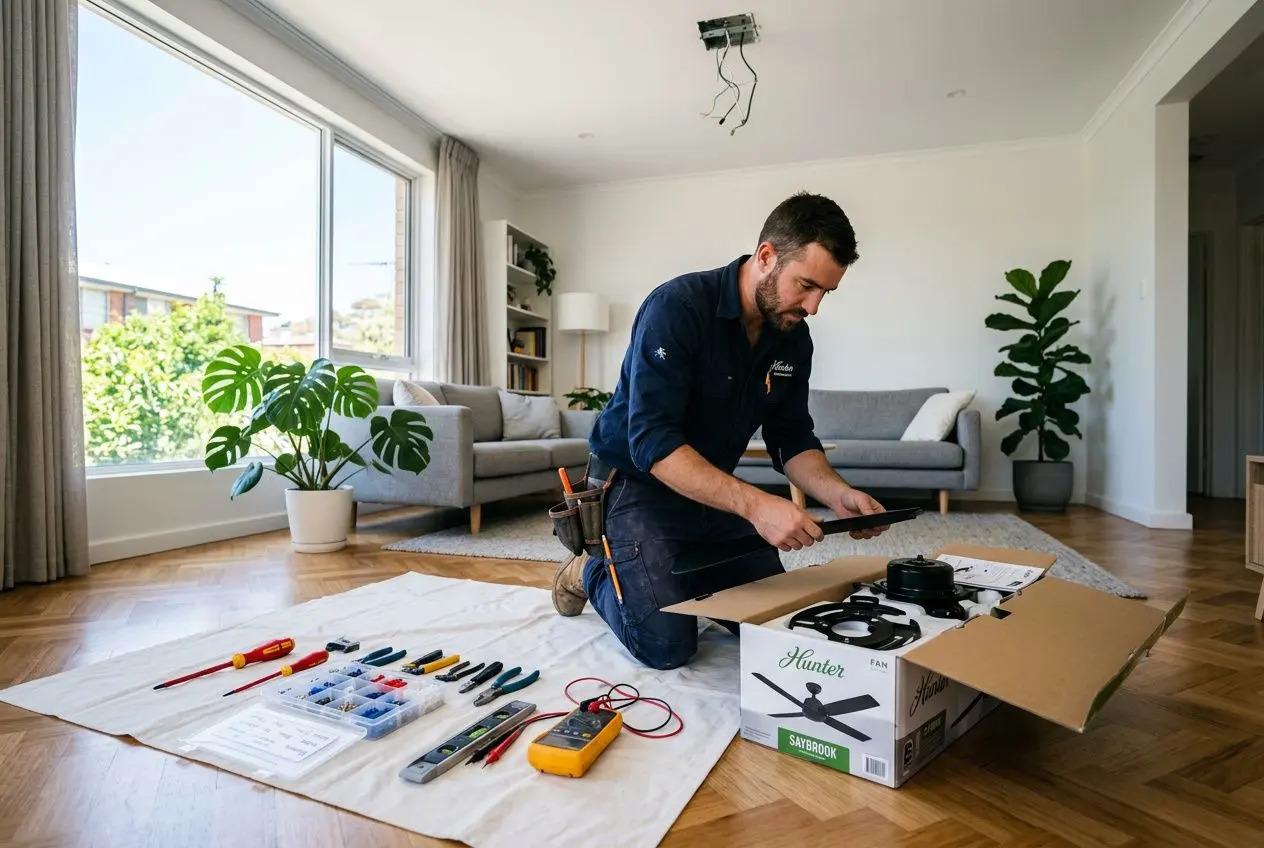 Homme installant un ventilateur de plafond avec télécommande dans un salon lumineux, outils posés au sol, montage en cours.