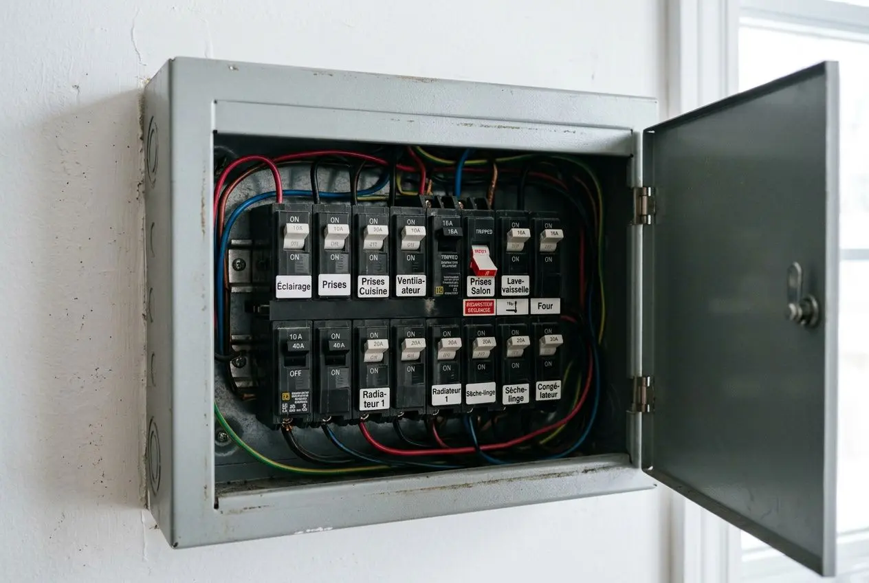 Panneau électrique ouvert avec fusibles et câbles colorés, prêt à dépanner un ventilateur de plafond bloqué, en contexte pourquoi mon ventilateur de plafond ne tourne.
