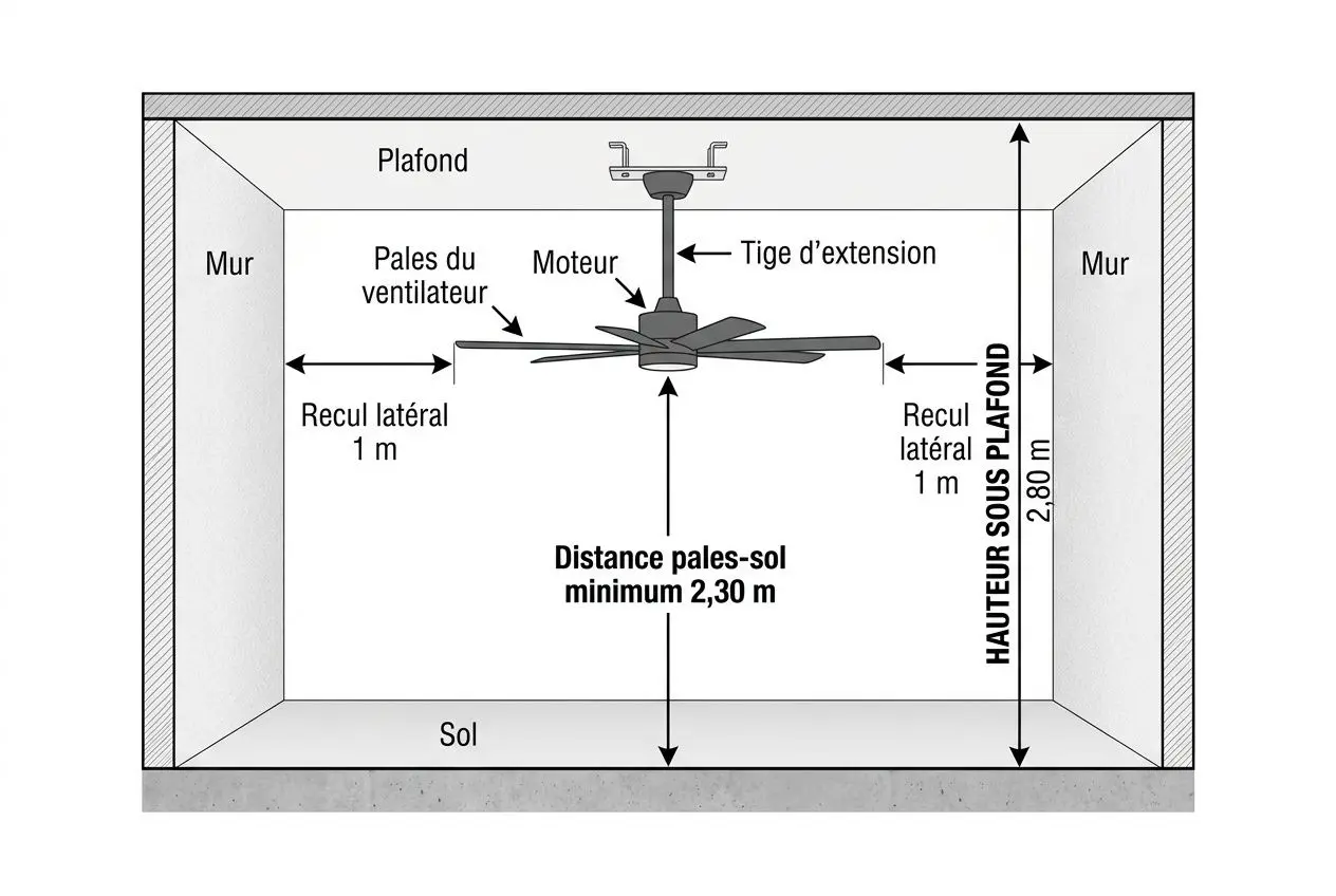 Schéma d’installation d’un ventilateur de plafond avec distances: hauteur sous plafond, recul latéral et distance au sol minimale, illustrant comment choisir la taille et l’emplacement. comprend une flèche indiquant 2,30 m de distance au sol minimale.