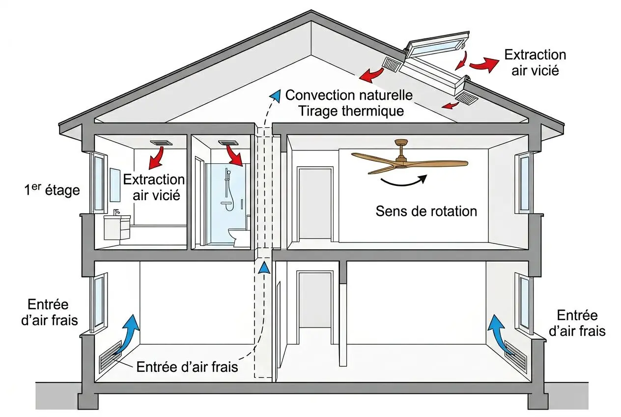 Schéma technique d’une extraction et circulation d’air dans une maison, montrant les entrées et sorties d’air froid/chaud et le sens de rotation d’un ventilateur de plafond. (intègre le sujet: comment installer un ventilateur de plafond avec télécommande)