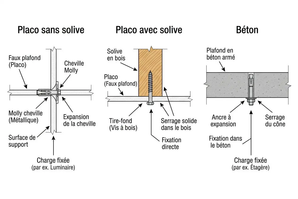 Schéma technique montrant l’installation d’un ventilateur de plafond: trois configurations (placo sans solive, placo avec solive, béton) et le montage avec chevilles, vis et fixations adaptées.