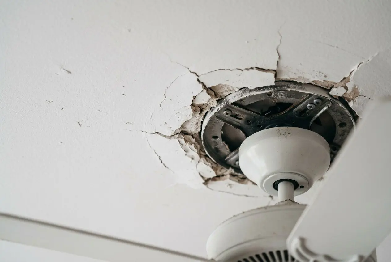 Support de plafond en placo avec un ventilateur monté partiellement, boîtier électrique visible et fissures autour du plafonnier. Incorporer le mot-clé: comment installer un ventilateur de plafond sur du placo.
