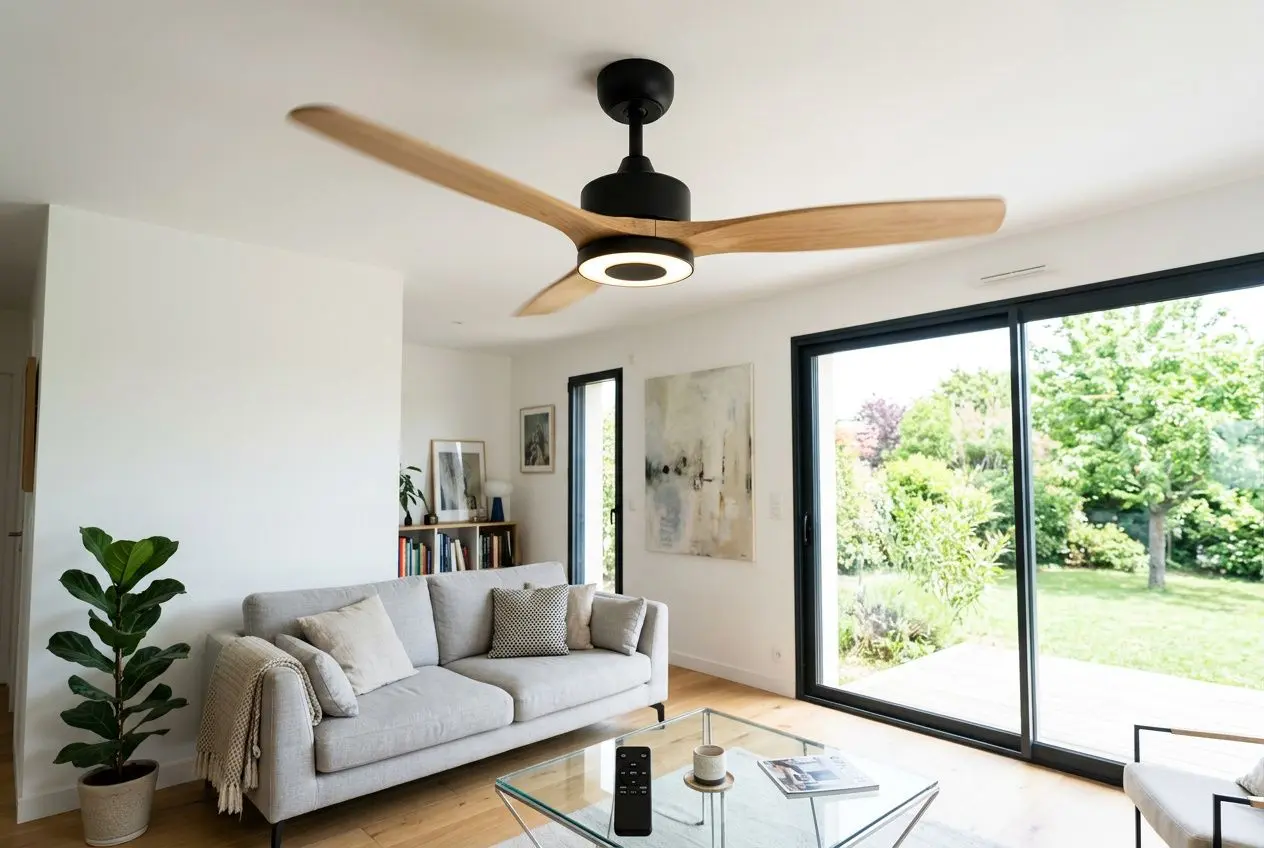Ventilateur de plafond moderne avec pales en bois dans un salon lumineux, coexistence canapé gris et grande porte-fenêtre donnant sur le jardin. # comment choisir la taille d'un ventilateur de plafond