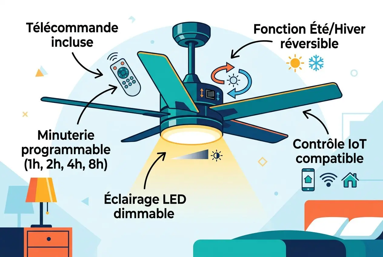 Ventilateur de plafond moderne avec télécommande incluse, éclairage LED dimmable et fonctions programmable (minuterie) pour une chambre.