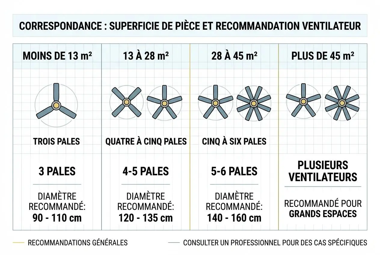 Correspondance : surface et recommandation ventilateur, schéma des pales selon la pièce: moins de 13 m² (trois pales, diamètre 90–110 cm), 13–28 m² (quatre à cinq pales, 120–135 cm), 28–45 m² (cinq à six pales, 140–160 cm), plus de 45 m² (plusieurs ventilateurs). ventilateur de plafond 2 ou 3 pales lequel choisir